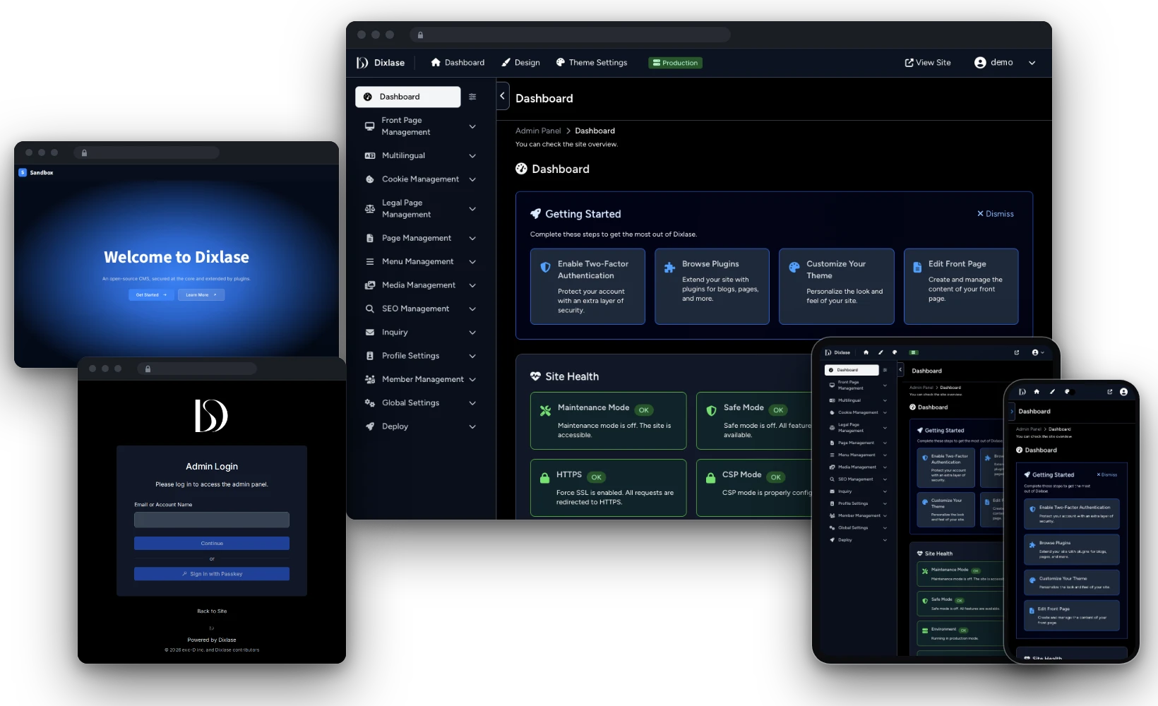 The demo site admin panel on desktop and phone